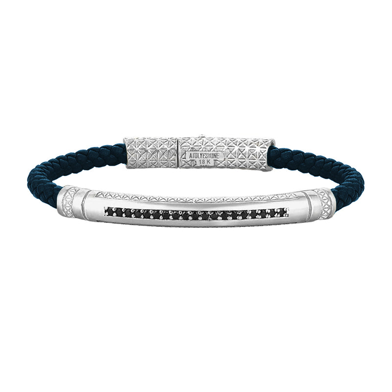 Mens Signature Leather Bracelet - Solid White Gold - Navy Leather - Cubic Zirconia