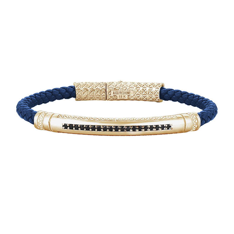 Mens Signature Leather Bracelet - Solid Yellow Gold - Blue Leather - Cubic Zirconia