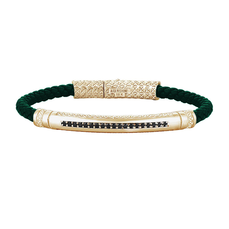 Mens Signature Leather Bracelet - Solid Yellow Gold - Dark Green Leather - Cubic Zirconia