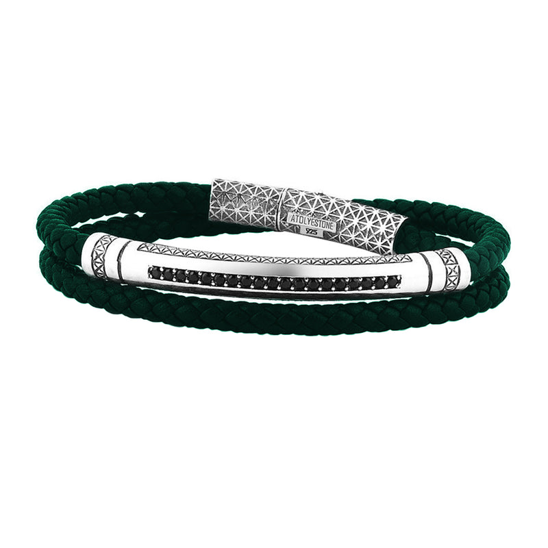 Mens Signature Leather Wrap Bracelet - Solid Silver - Dark Green Leather