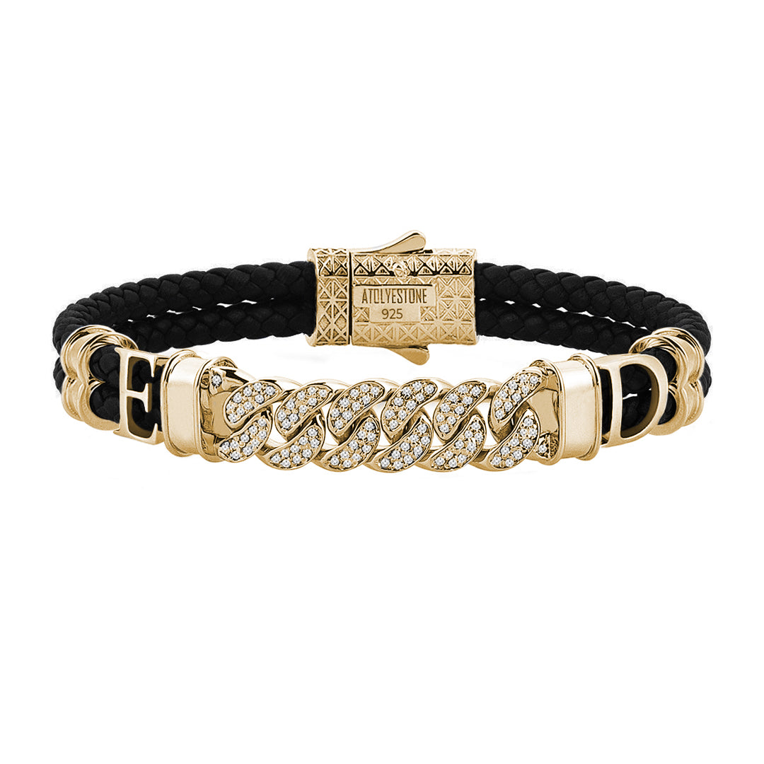 Women’s Statement Cuban Links Leather Bracelet - Yellow Gold - Black Leather