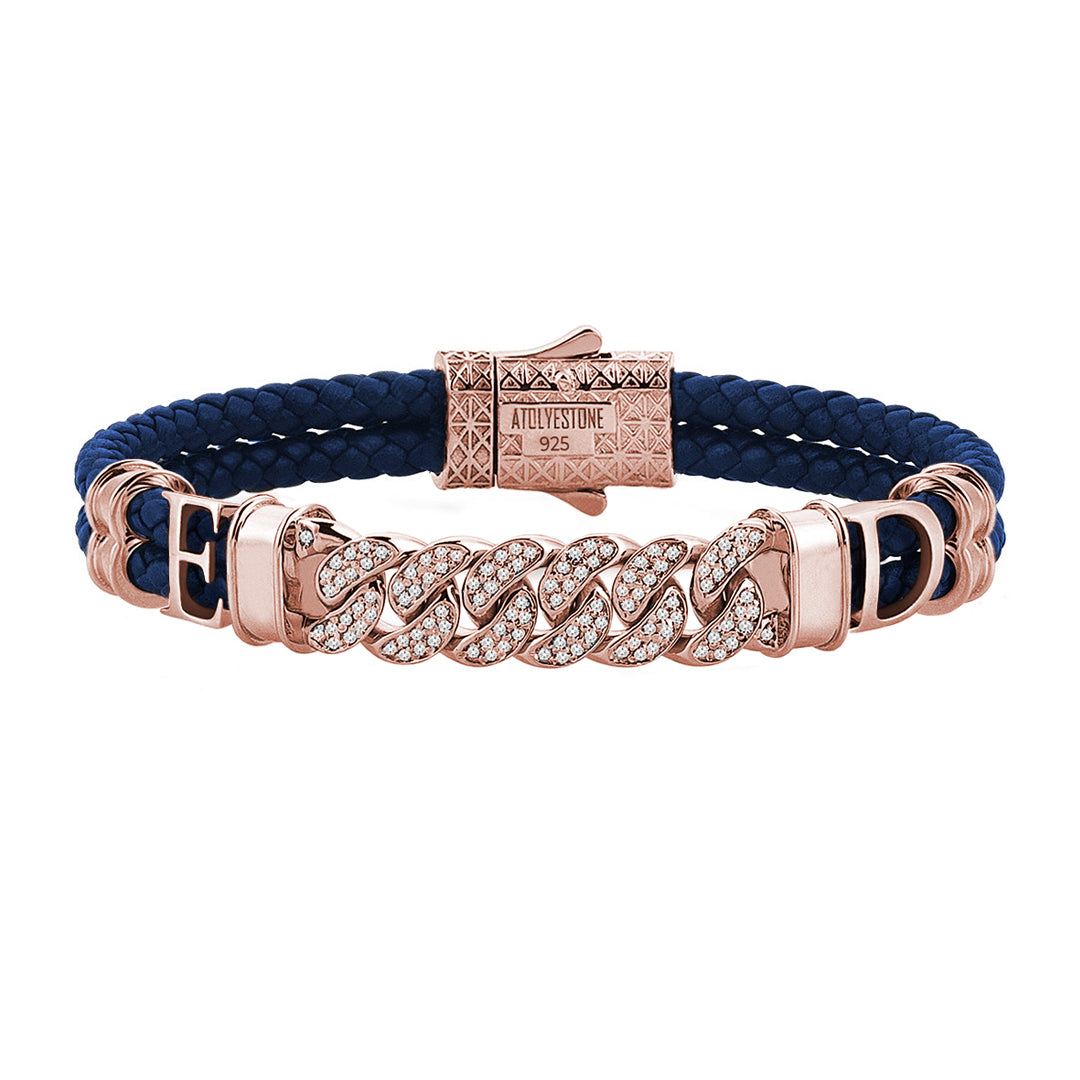 Women’s Statement Cuban Links Leather Bracelet - Rose Gold - Blue Leather