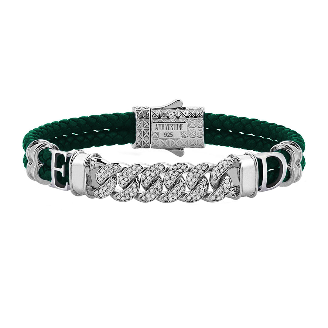Women’s Statement Cuban Links Leather Bracelet - Silver - Dark Green Leather