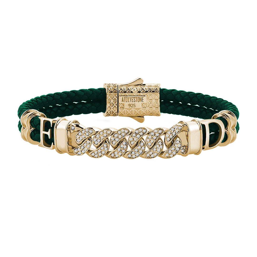 Women’s Statement Cuban Links Leather Bracelet - Yellow Gold - Dark Green Leather