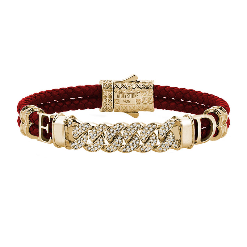 Women’s Statement Cuban Links Leather Bracelet - Yellow Gold - Dark Red Leather