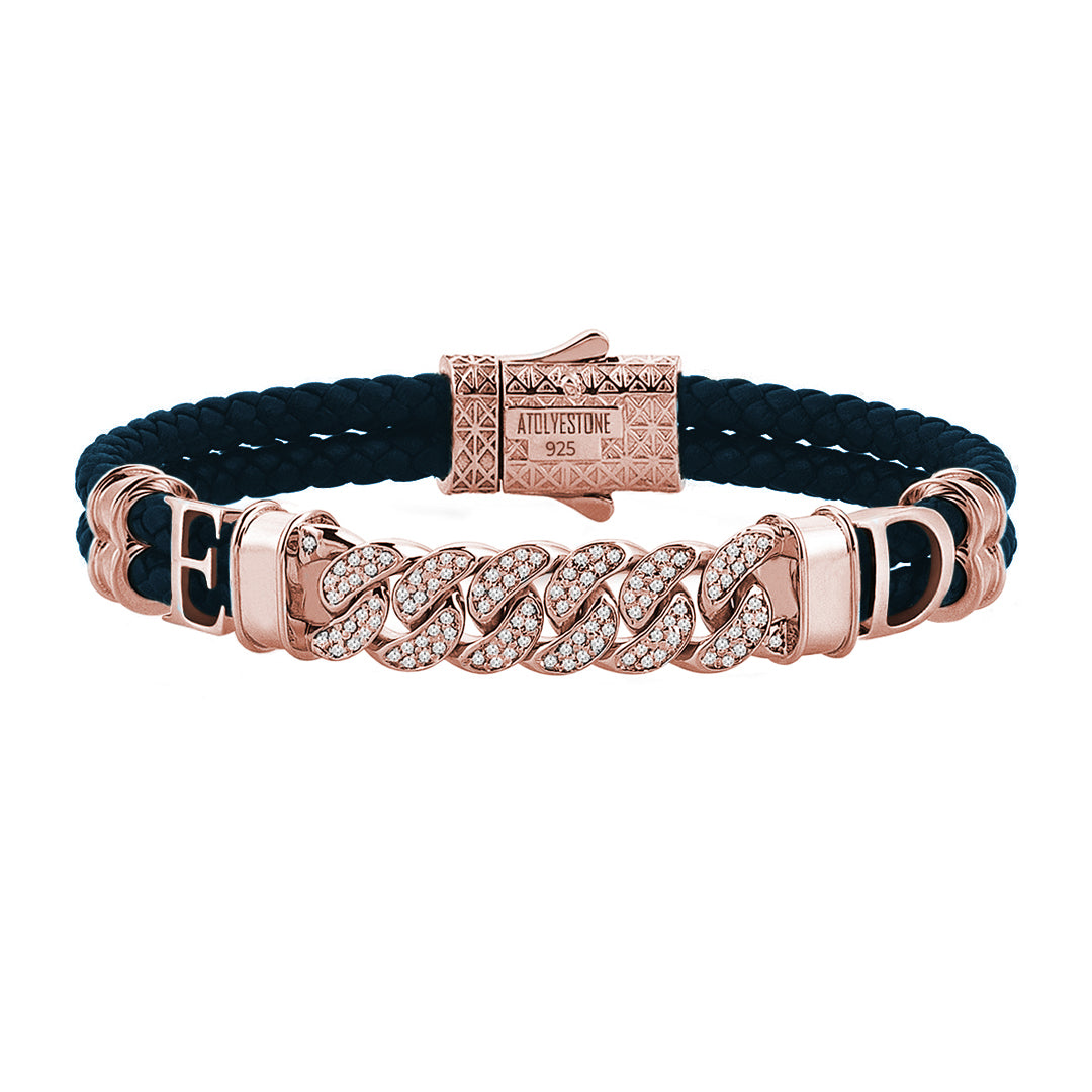 Statements Cuban Links Leather Bracelets - Rose Gold - Navy Leather