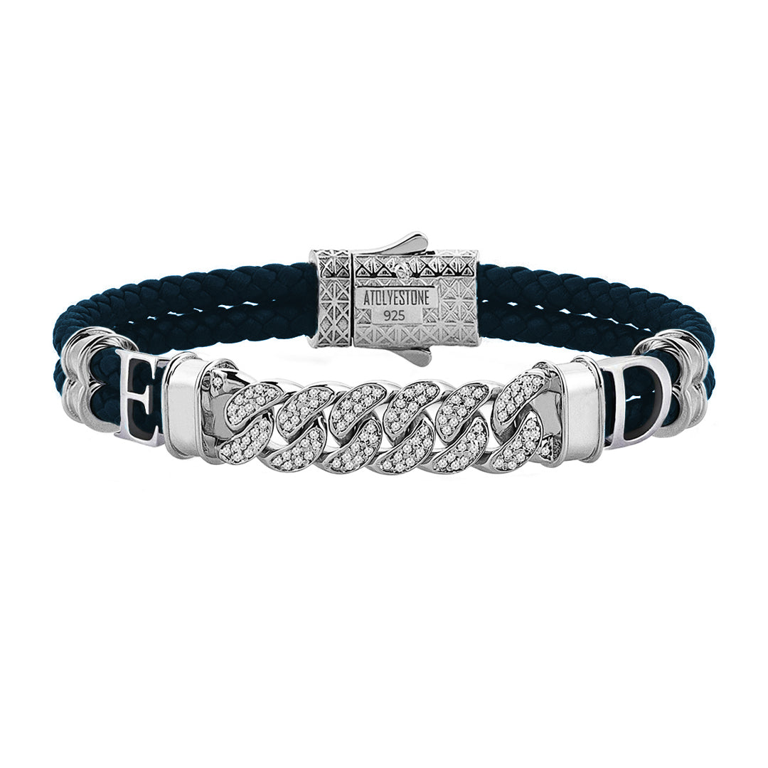 Statements Cuban Links Leather Bracelets - Silver - Navy Leather