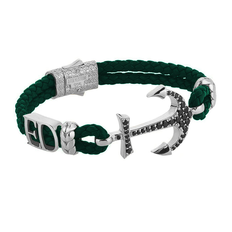 Statements Anchor Leather Bracelet - Silver - Dark Green Leather