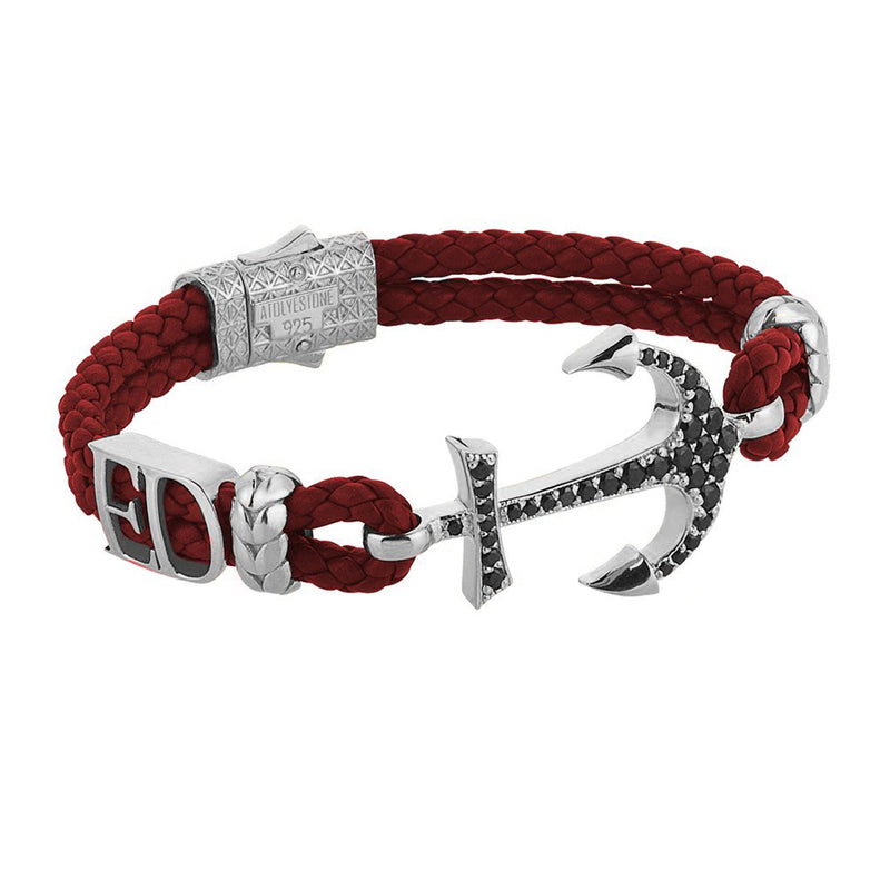 Statements Anchor Leather Bracelet - Silver - Dark Red Leather