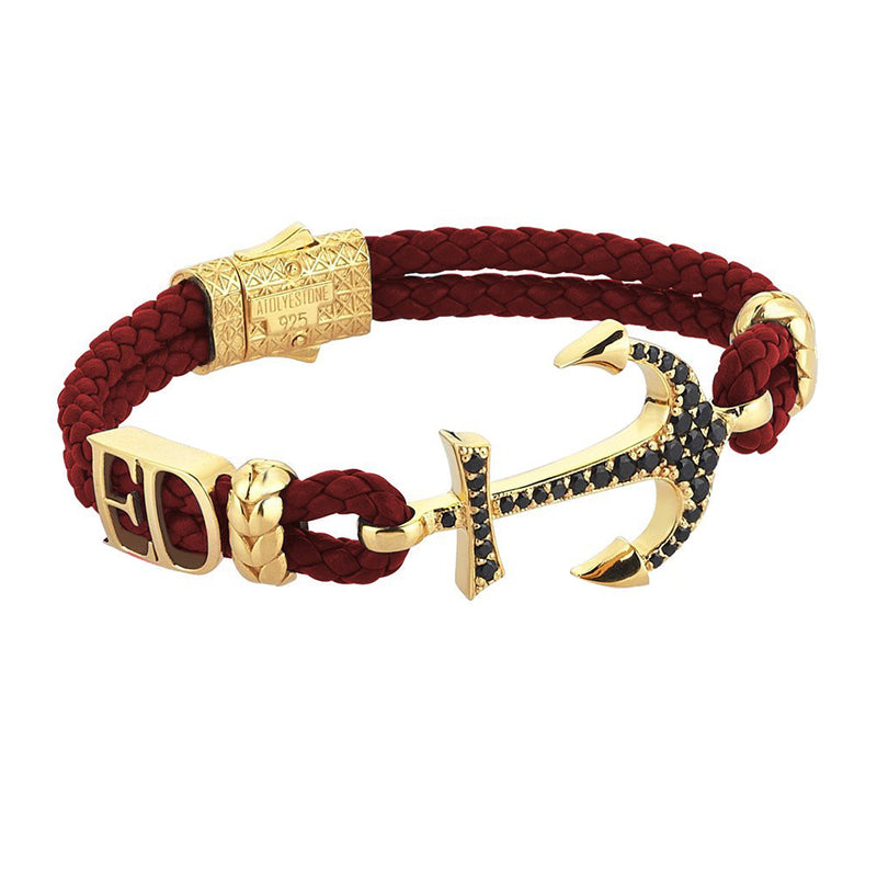Statements Anchor Leather Bracelet - Yellow Gold - Dark Red Leather
