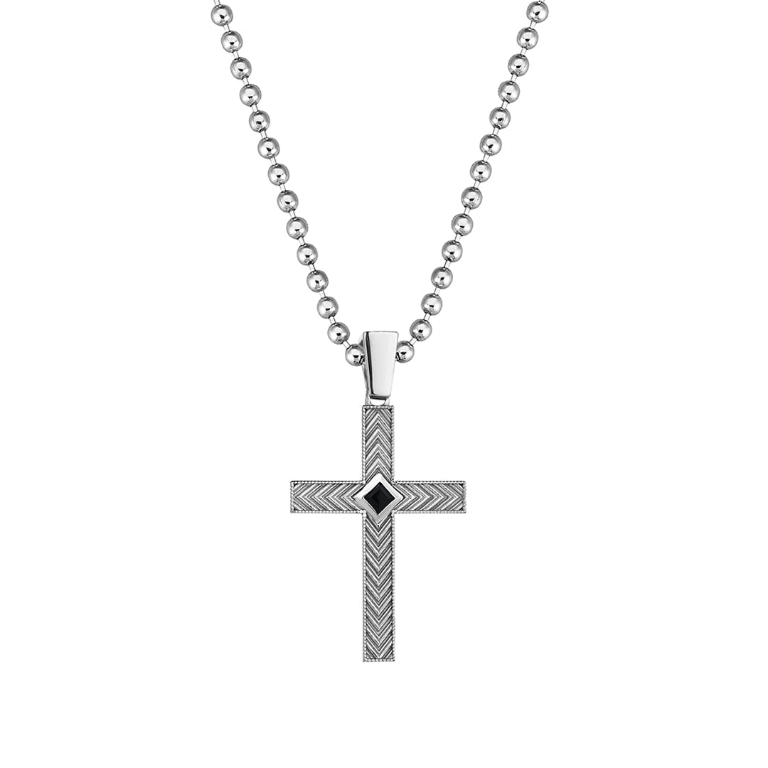 Men's Solid White Gold Cross Pendant with Black CZ