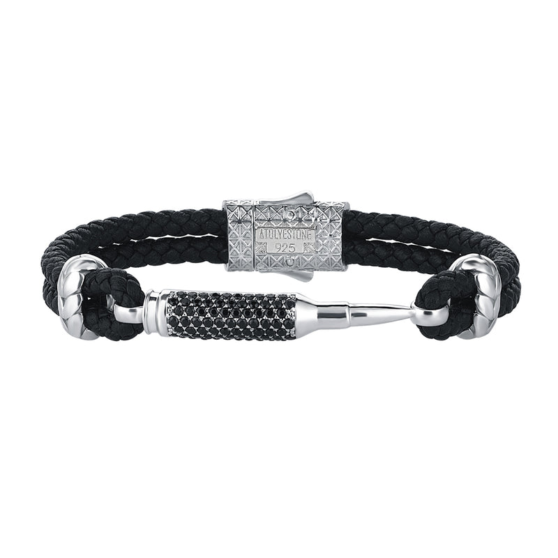 Men's Black Woven Leather Bracelet with CZ Paved 925 Sterling Silver Bullet Design