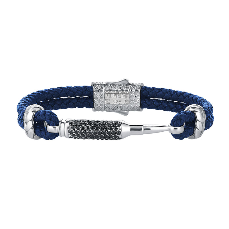 Men's Blue Braided Leather Bracelet with Diamond Paved 925 Sterling Silver Bullet Design
