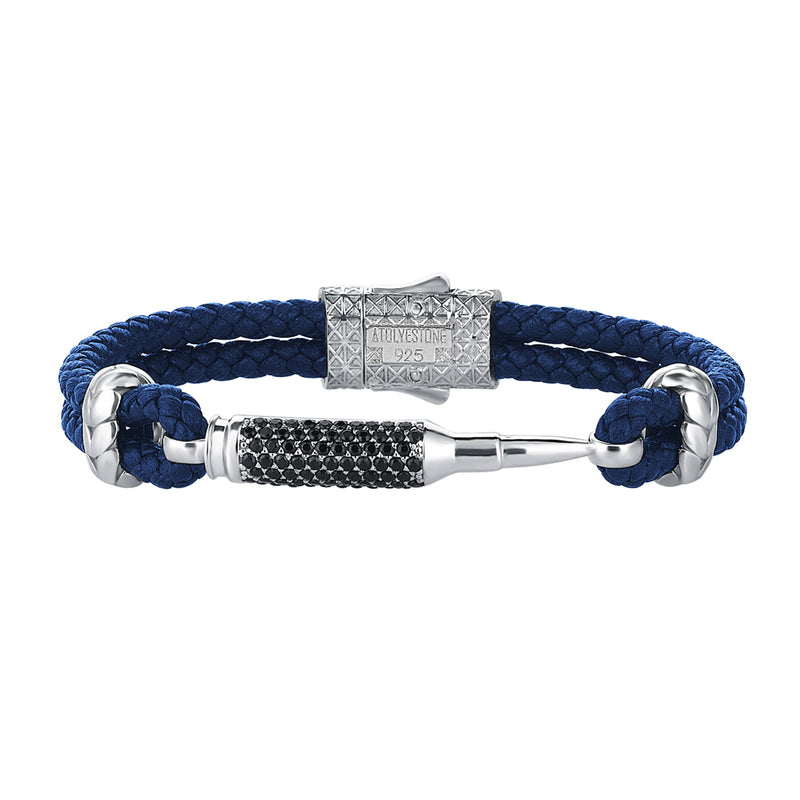 Men's Blue Braided Leather Bracelet with CZ Paved 925 Sterling Silver Bullet Design