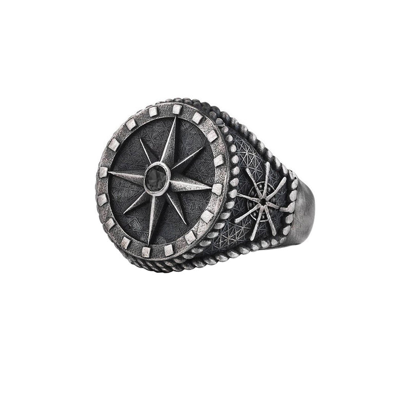 Compass Ring - Solid Silver - Aged Silver - Black Diamond