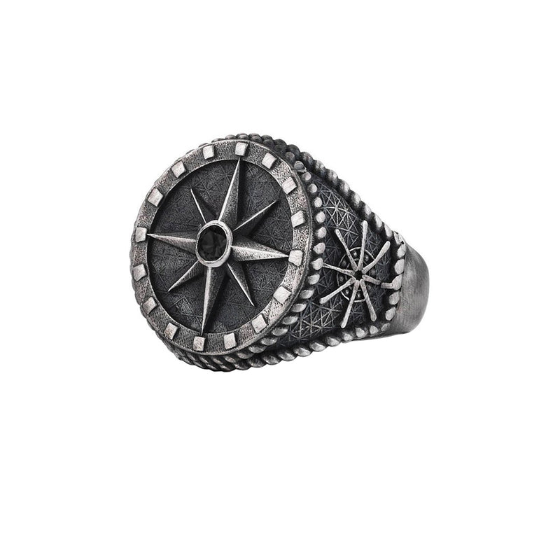 Compass Ring - Solid Silver - Aged Silver - Cubic Zirconia