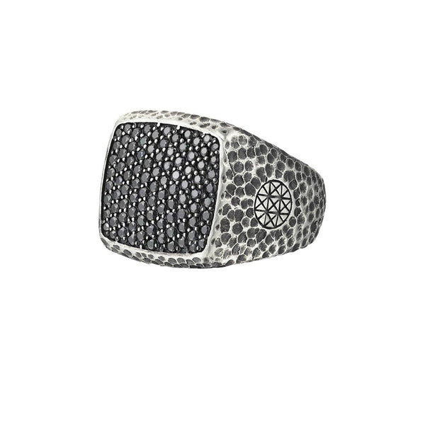 Hammered Cushion Pave Ring - Solid Silver - Pave Black Diamond