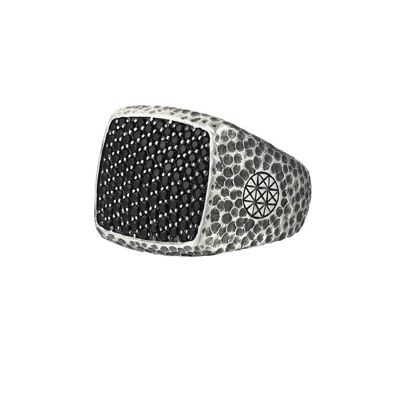 Hammered Cushion Pave Ring - Solid Silver - Pave Cubic Zirconia