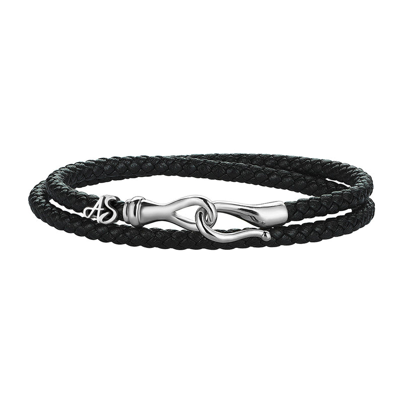 Men's Personalized Wrap Black Leather Bracelet with Solid White Gold Fish Hook Clasp