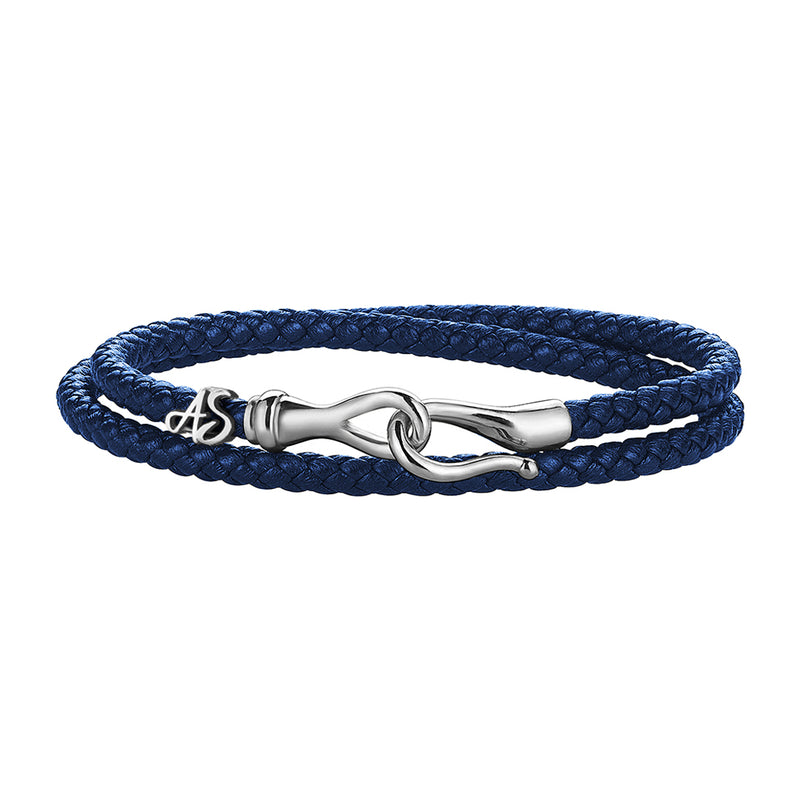 Men's Personalized Wrap Blue Leather Bracelet with Solid White Gold Fish Hook Clasp