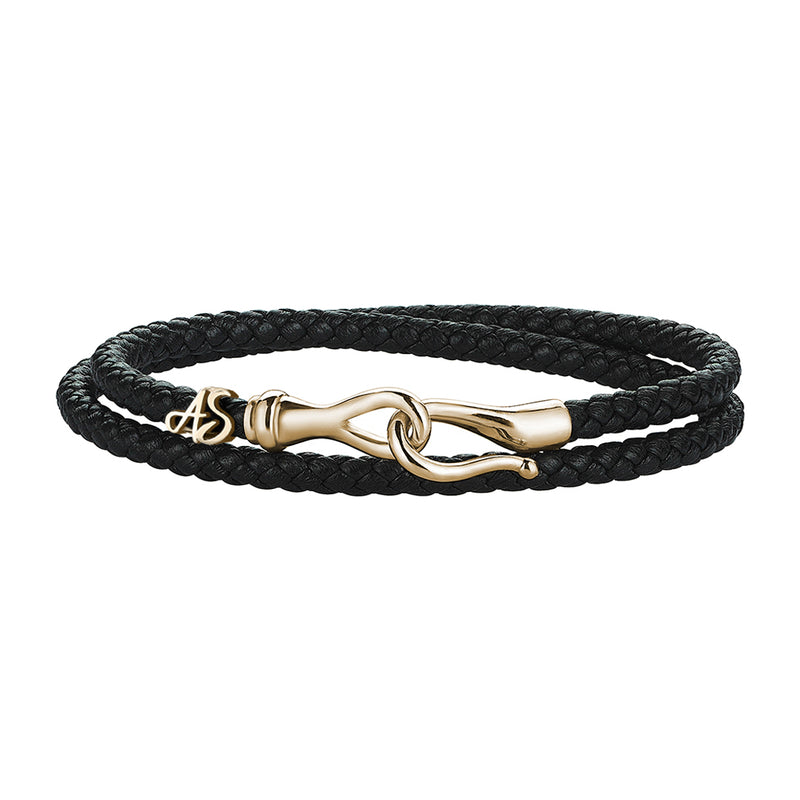 Men's Personalized Wrap Black Leather Bracelet with Silver Fish Hook Clasp - Yellow Gold