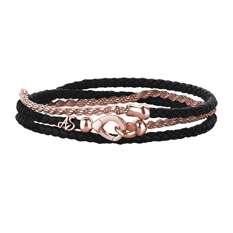 Men's Personalized Rose Gold Rope Chain & Black Leather Wrap Bracelet