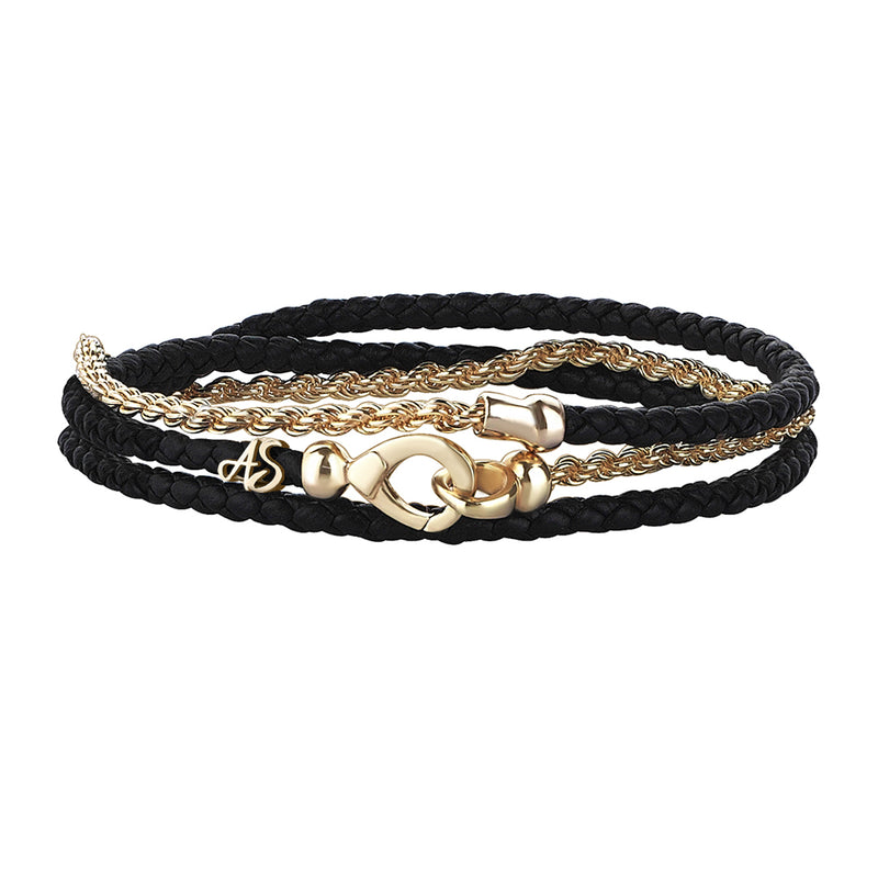 Men's Personalized Yellow Gold Rope Chain & Black Leather Wrap Bracelet