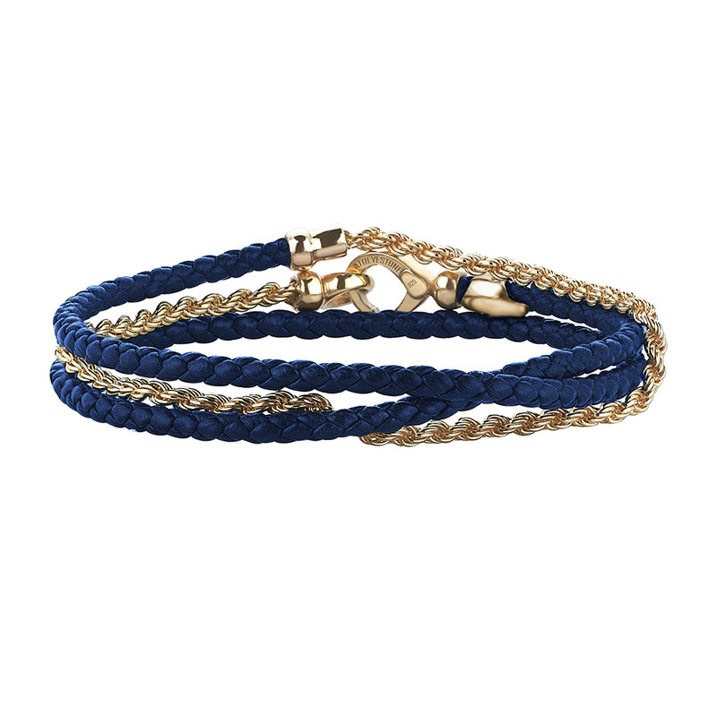 Men's Personalized 925 Sterling Silver Rope Chain & Blue Leather Wrap Bracelet - Yellow Gold