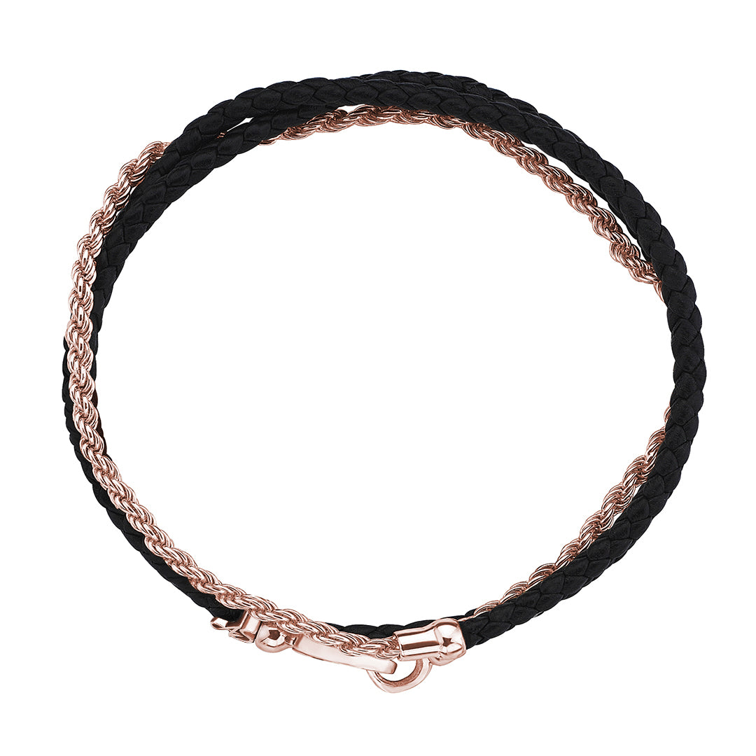 Statement Rope Chain & Leather Wrap Bracelet - Black & Rose Gold