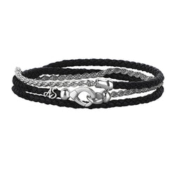 Men's Personalized 925 Solid Silver Rope Chain & Black Leather Wrap Bracelet