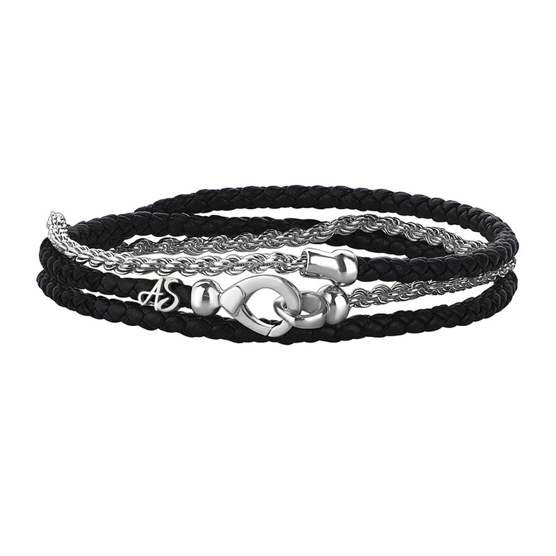 Men's Personalized 925 Solid Silver Rope Chain & Black Leather Wrap Bracelet