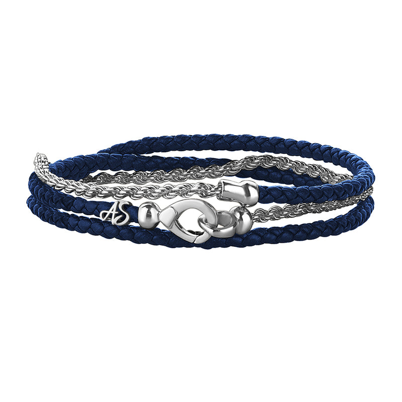 Men's Personalized 925 Sterling Silver Rope Chain & Blue Leather Wrap Bracelet