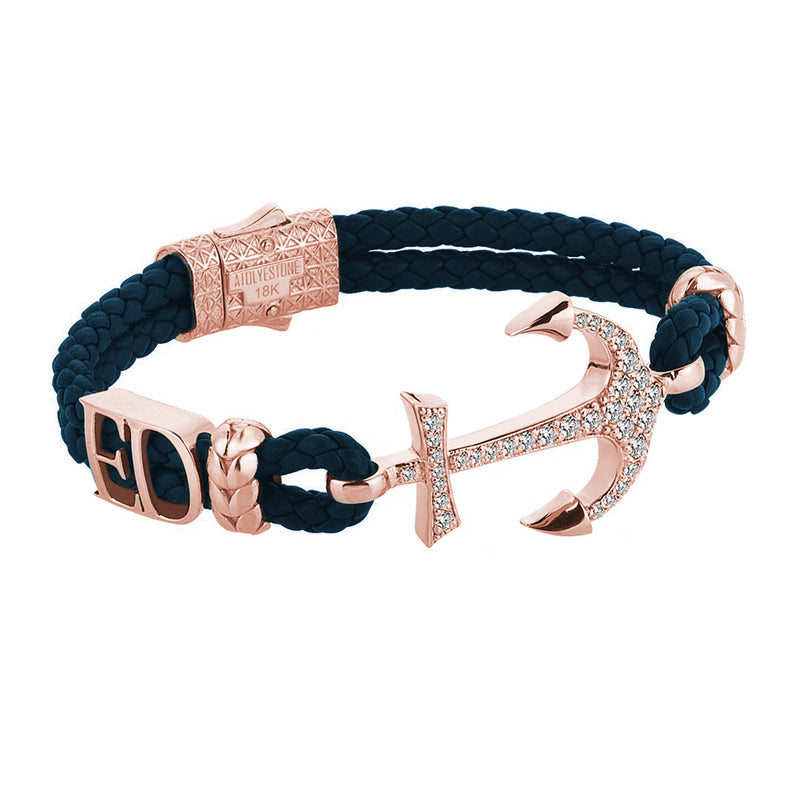 Statement Anchor Leather Bracelet in Solid Rose Gold - Navy Leather - White Diamonds