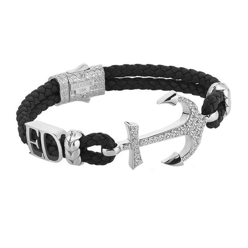 Statement Anchor Leather Bracelet in Solid White Gold - Black Leather - White Diamonds