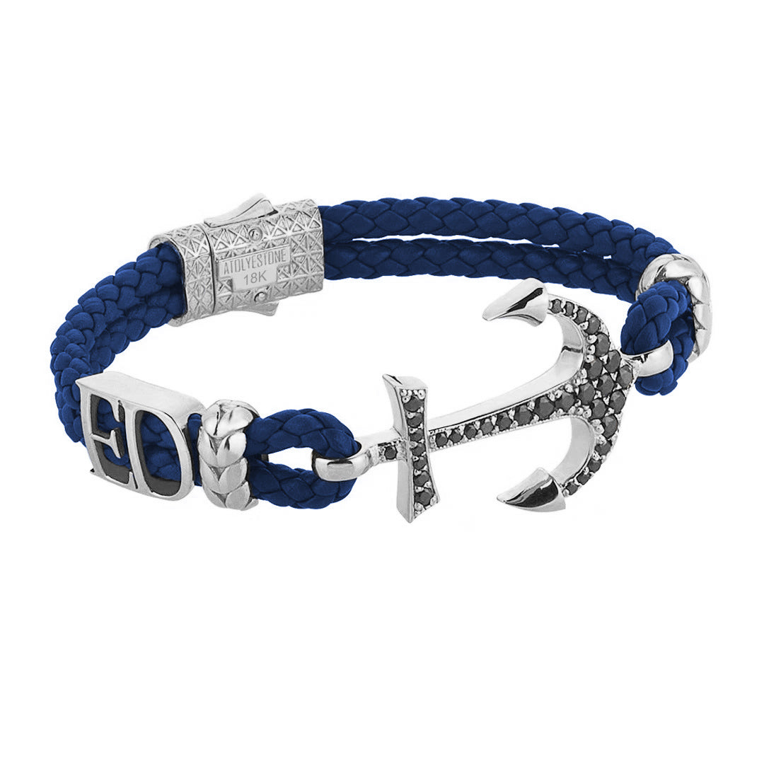 Statement Anchor Leather Bracelet in Solid White Gold