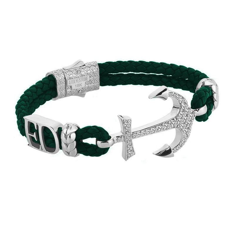 Statement Anchor Leather Bracelet in Solid White Gold - Dark Green Leather - White Diamonds
