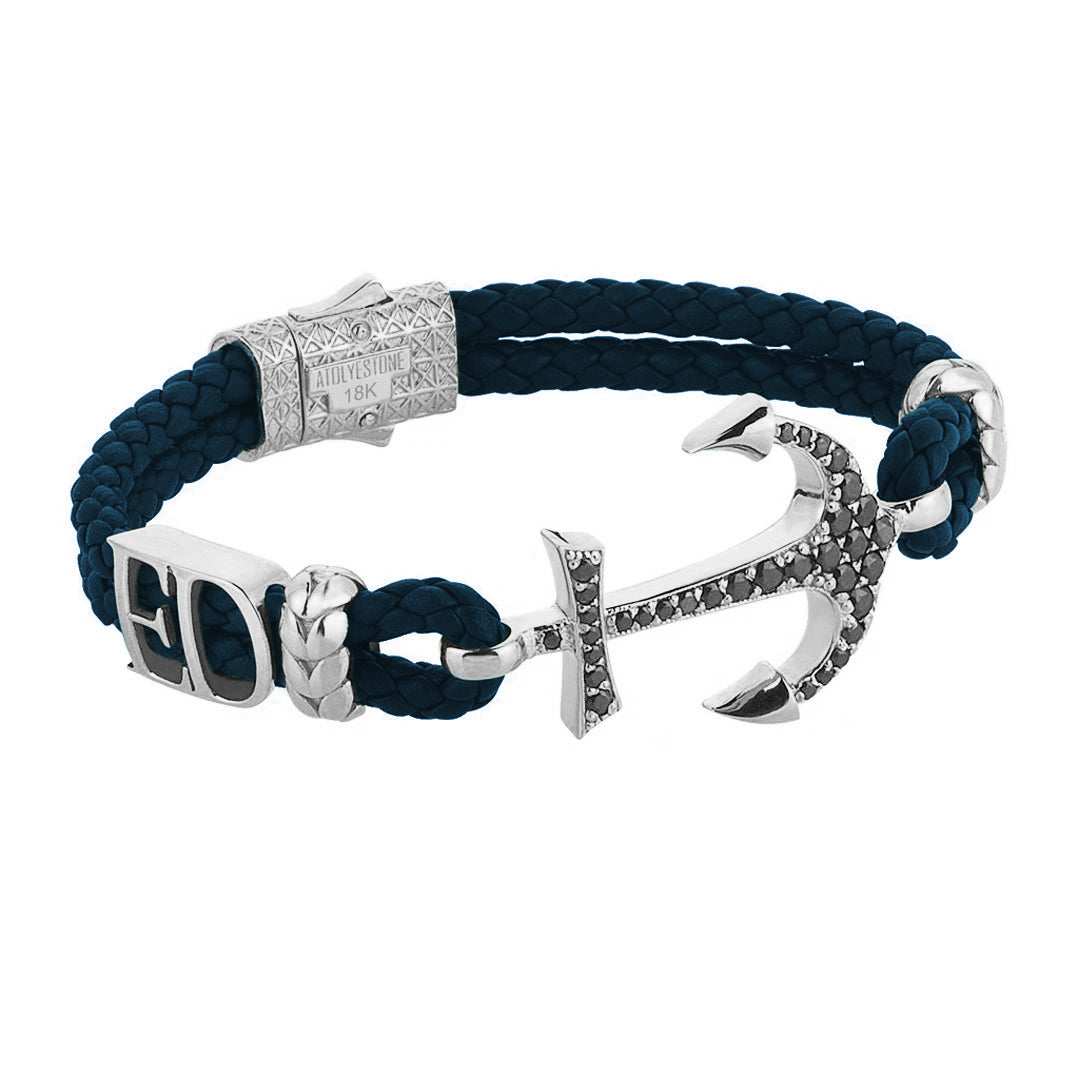 Statement Anchor Leather Bracelet in Solid White Gold
