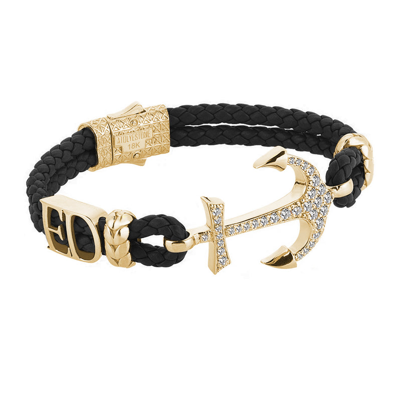 Statement Anchor Leather Bracelet in Solid Yellow Gold - Black Leather - White Diamonds