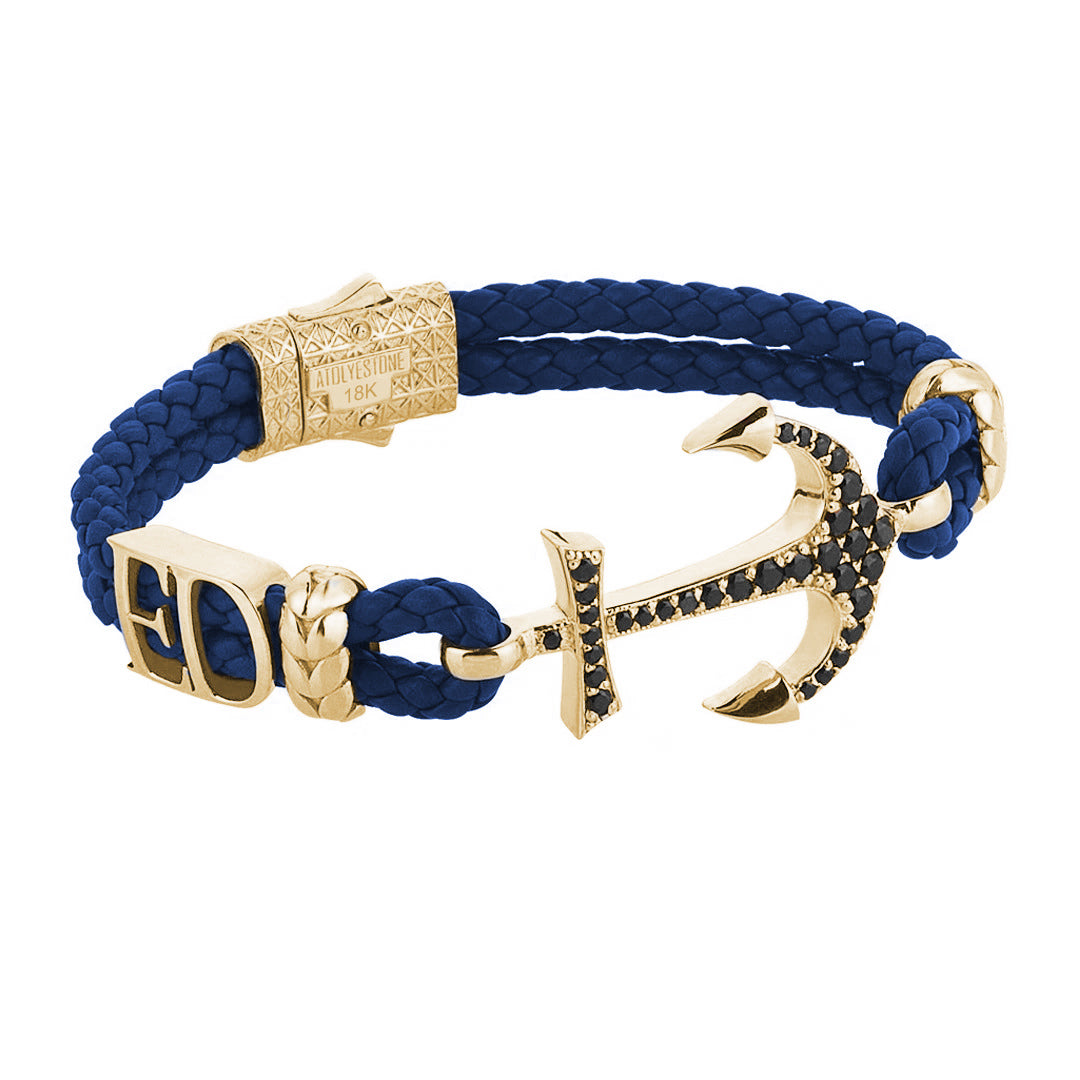Statement Anchor Leather Bracelet in Solid Yellow Gold