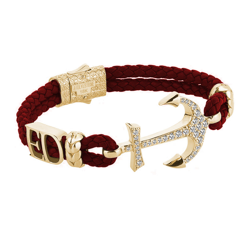 Statement Anchor Leather Bracelet in Solid Yellow Gold - Dark Red Leather - White Diamonds