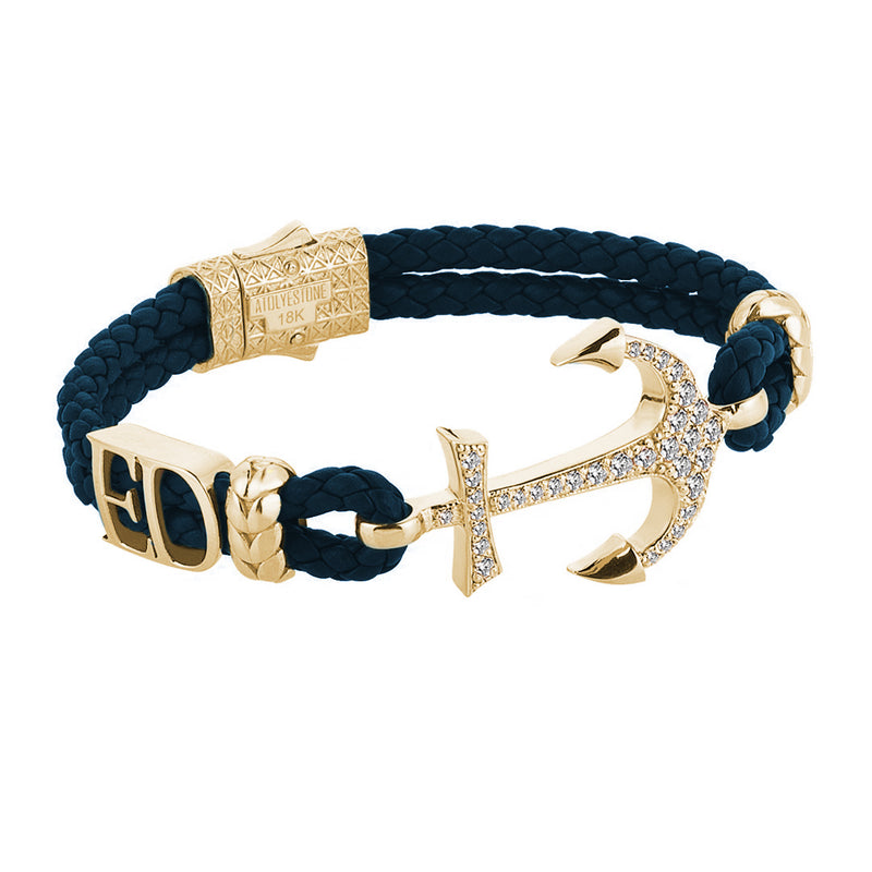 Statement Anchor Leather Bracelet in Solid Yellow Gold - Navy Leather - White Diamonds