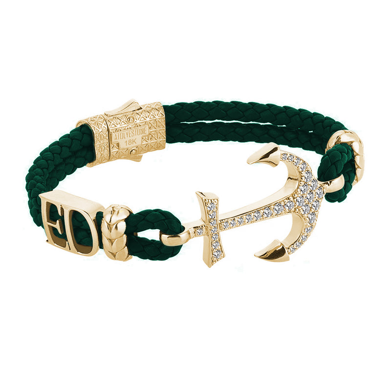 Statement Anchor Leather Bracelet in Solid Yellow Gold - Dark Green Leather - White Diamonds