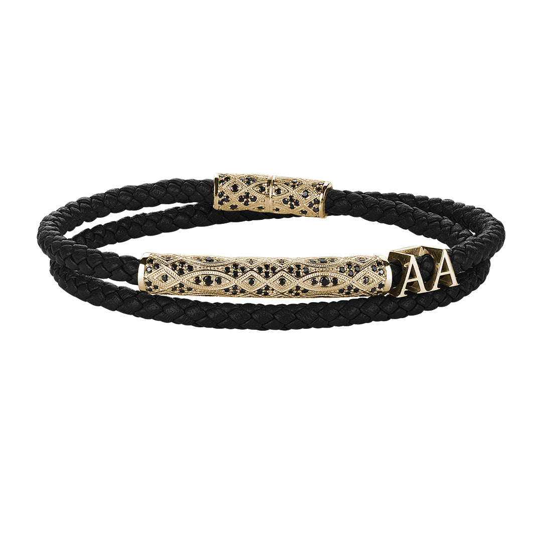 Statement Streamline Premium Wrap Bracelet - Black Leather - Yellow Gold