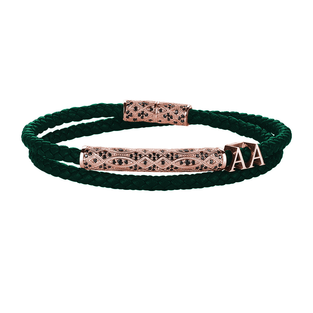 Statement Streamline Premium Wrap Bracelet - Dark Green Leather - Rose Gold