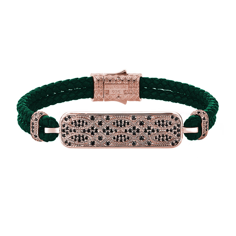 Streamline Dark Green Leather Bracelet in Rose Gold