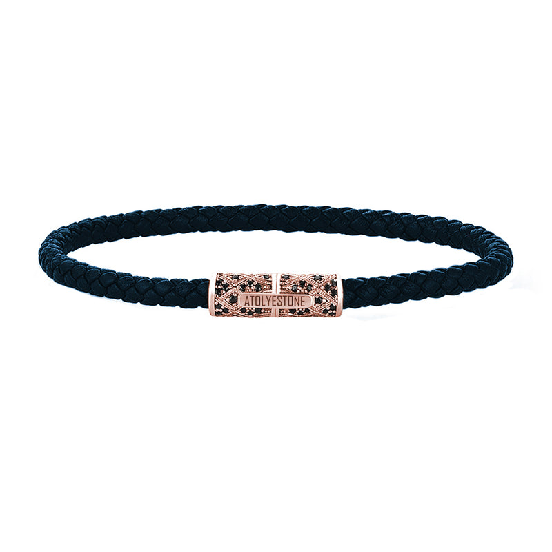 Streamline Minimalist Navy Leather Bracelet - Rose Gold