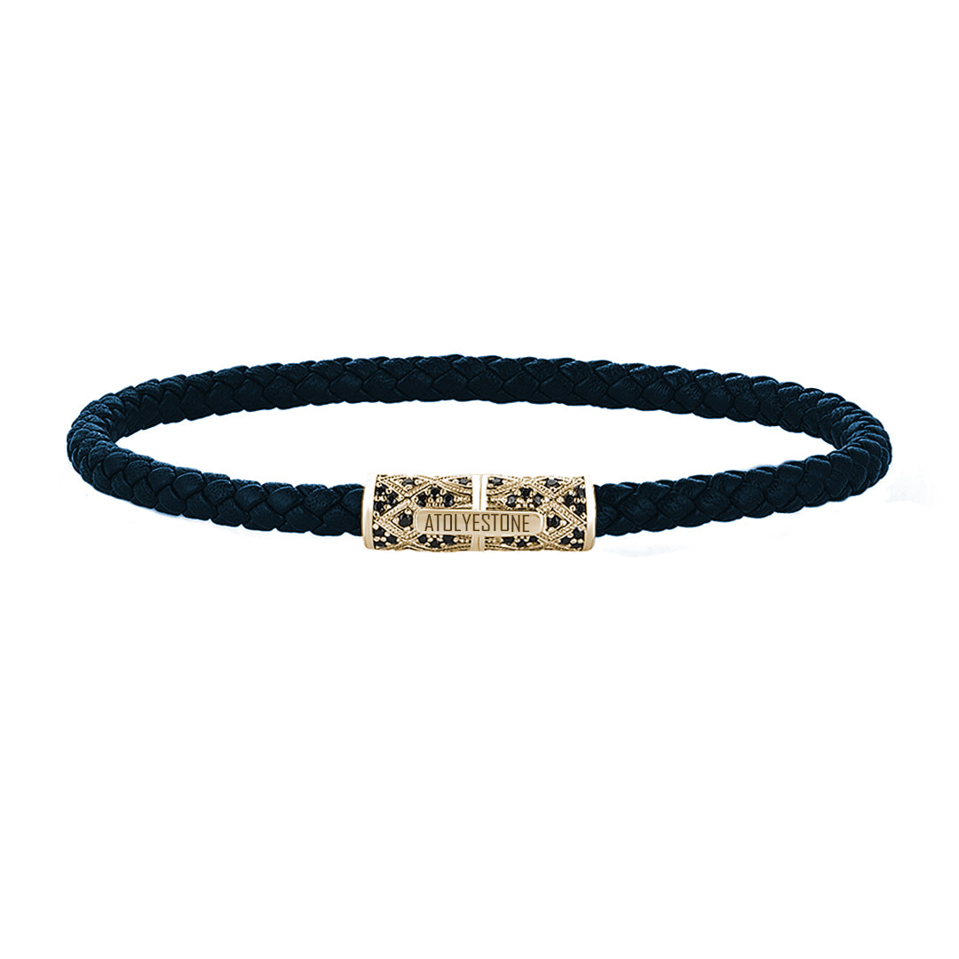 Streamline Minimalist Navy Leather Bracelet - Yellow Gold