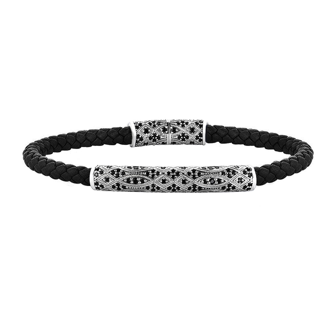 Streamline Premium Black Leather Bracelet - Silver
