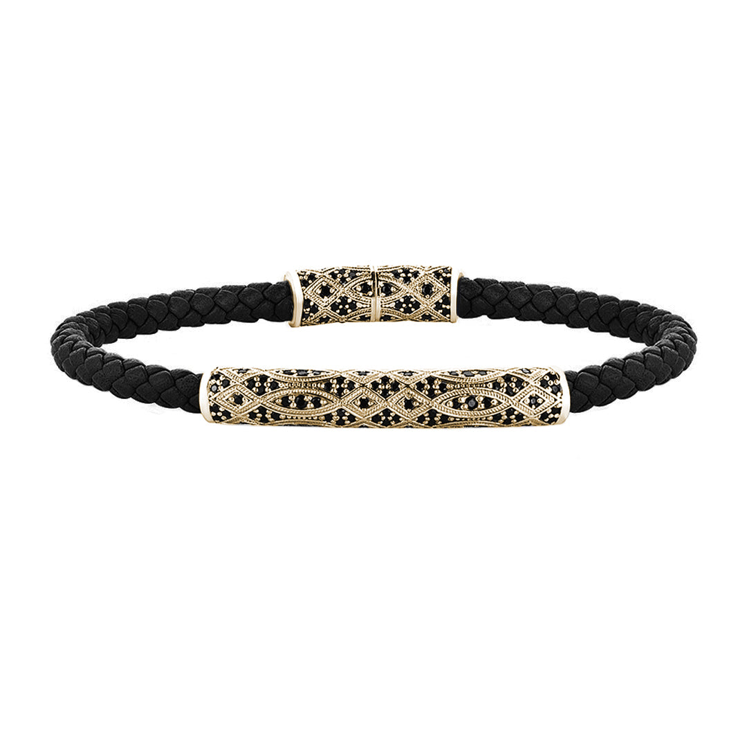 Streamline Premium Black Leather Bracelet - Yellow Gold