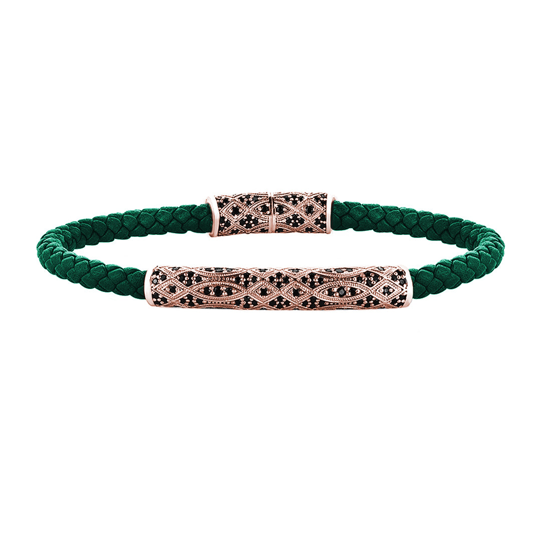 Streamline Premium Dark Green Leather Bracelet - Rose Gold